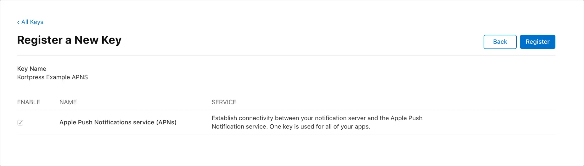 Register a new key Example