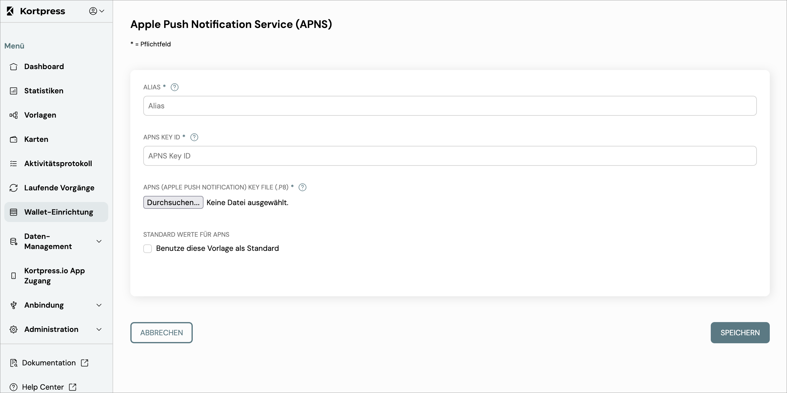 Neue APNs Credentials erstellen