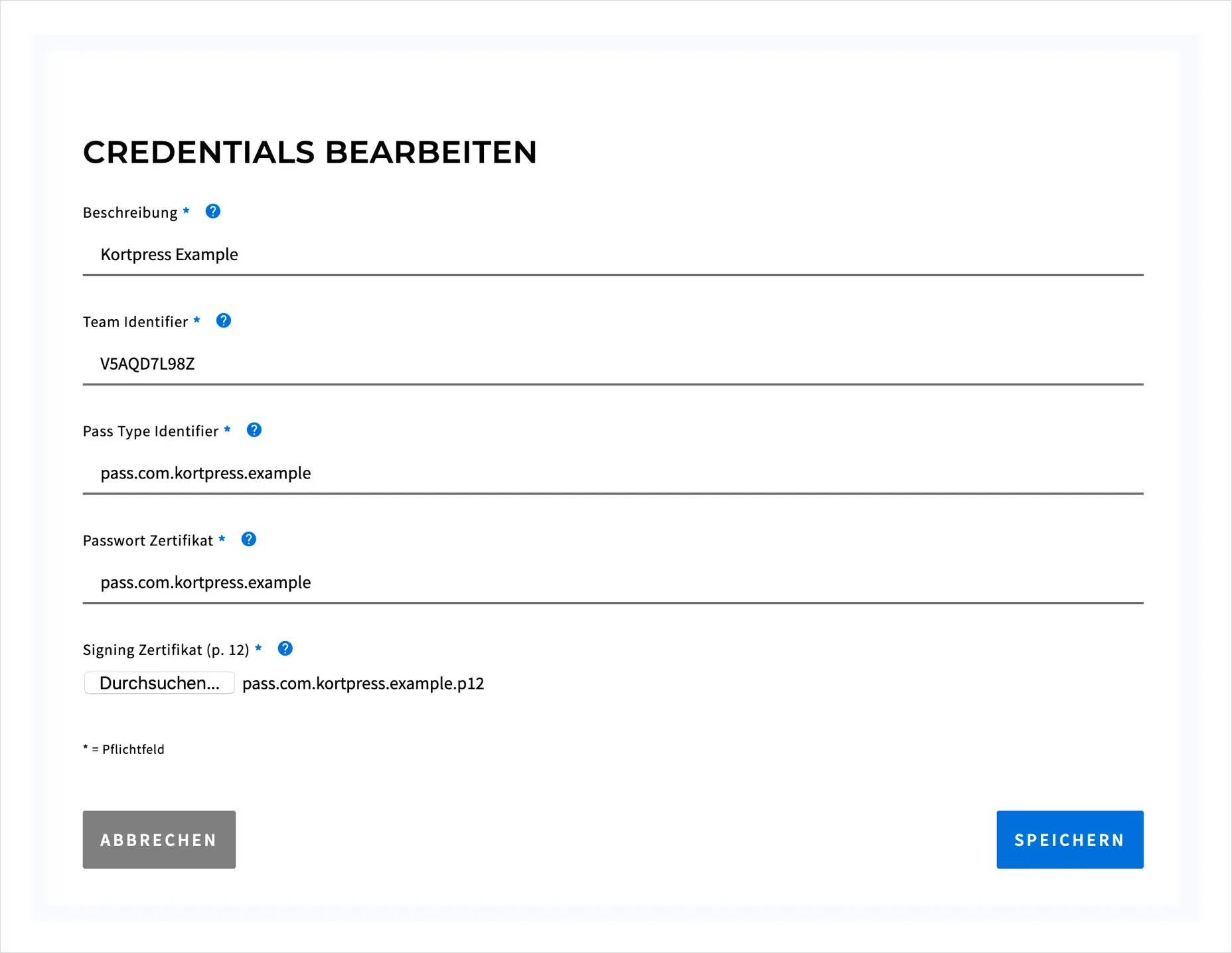 Add certificate in Kortpress Example