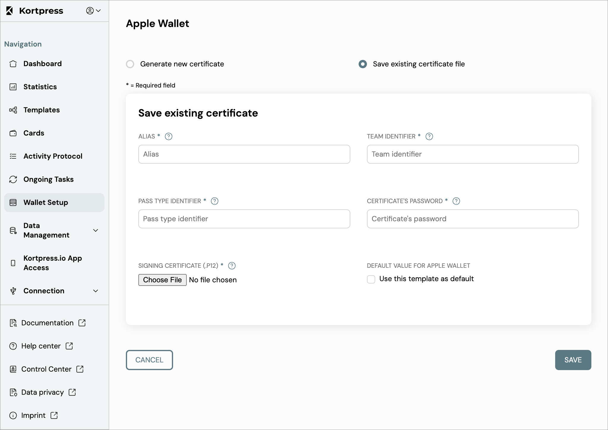 Add certificate in Kortpress Example