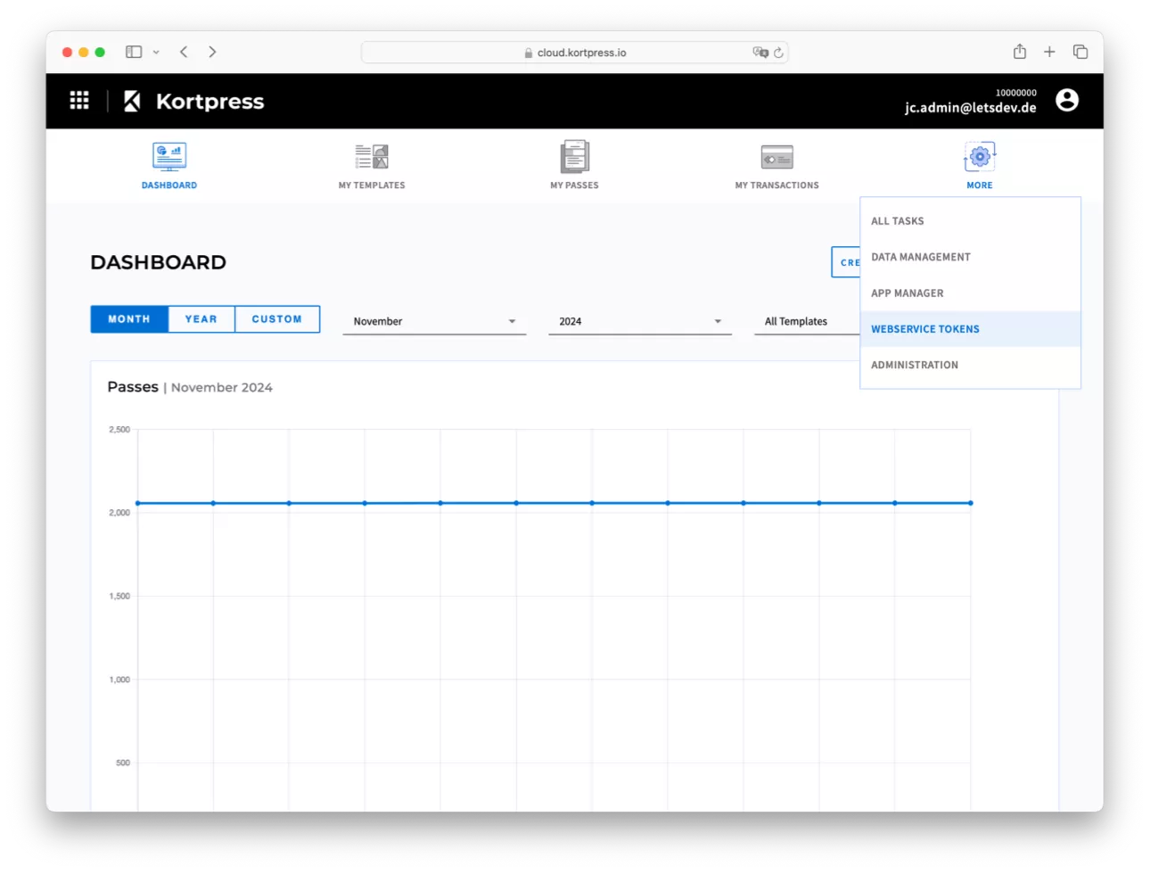 Kortpress Dashboard mit ausgeklapptem Menü „Mehr“. Der Unterpunkt „Webservice Tokens“ ist ausgewählt.