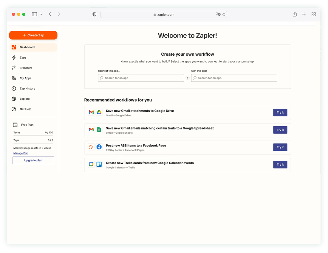 Zapier-Dashboard nach der Anmeldung