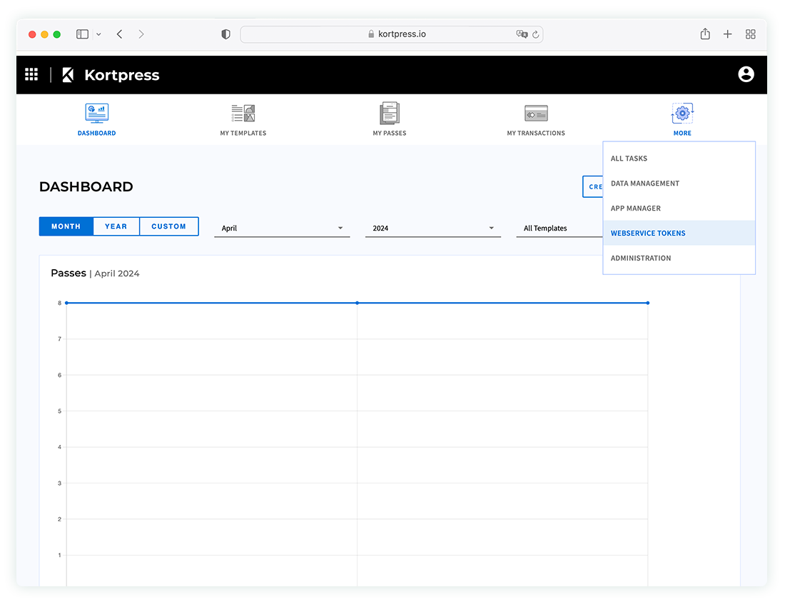 Kortpress Dashboard mit ausgeklapptem Menü „Mehr“. Der Unterpunkt „Webservice Tokens“ ist ausgewählt.