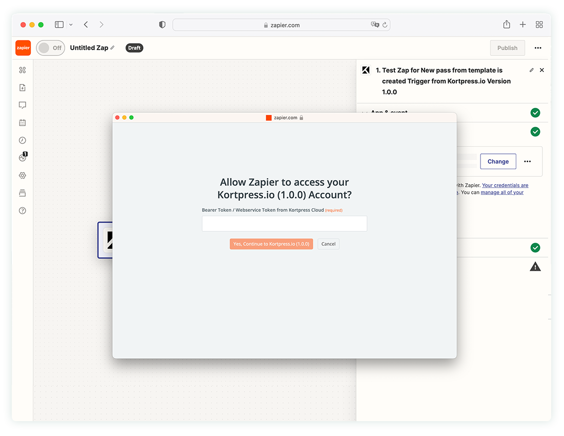 A window with an input field for the web service token is located above the editing view in Zapier.